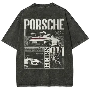 911 GT3RS Unisex Washed Crewneck Short-Sleeve T-Shirt, Menswear Casual Streetwear Top