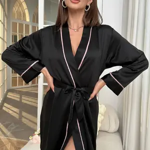 Women's Contrast Binding Belted Kimono Robe, Ice Silk Soft Dressing Gown for Women, Bride's Robe for Honeymoon Wedding Bridal Party, Women's Sleepwear, Silky
