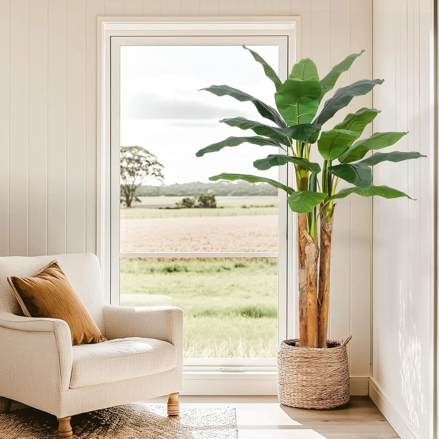 【Christmas Gift】Artificial Banana Tree, 6FT Faux Banana Tree with Grey Planter, Artificial Plants with 21 Faux Banana Leaves Plant for Home Office Decor Decorative Fruit