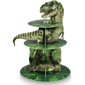 3 Tier Dinosaur Cupcake Stand Dinosaur Theme Cupcake Holder Dino Dessert Tower for Kids Dino Jungle Theme Birthday Supplies Realistic
