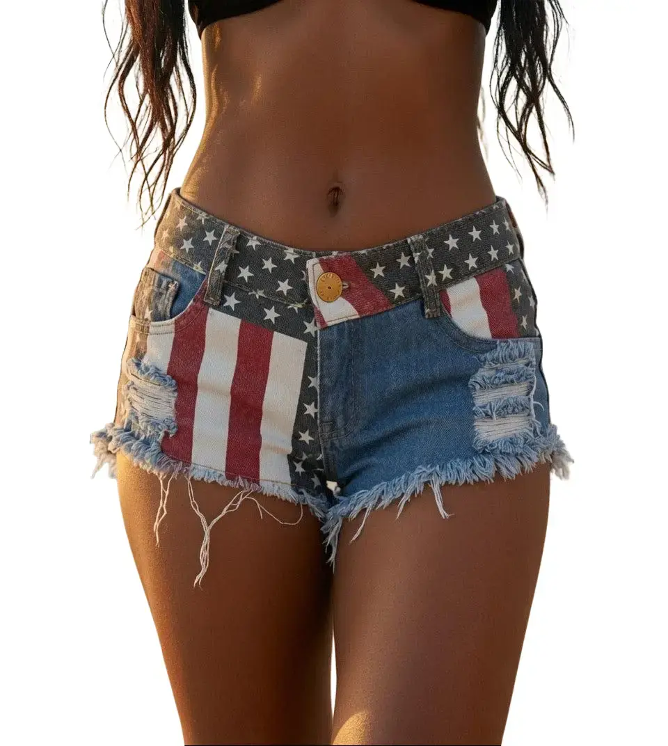 Women's American Flag Graphic Crop Shorts - Ripped, Patchwork, Street Style Fit, Beach Bottoms