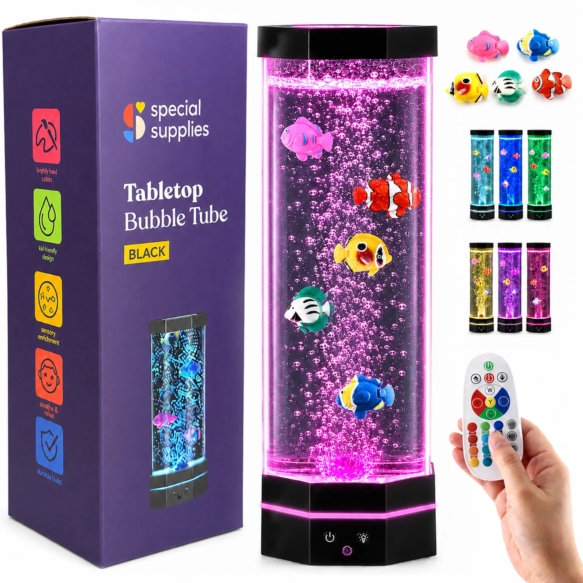 Special Supplies Aquarium Sensory Fish Bubble Light Tube with 16 LED Color Changing Nightlight Effect, Remote Control, and 5 Fish, Colorful Desk Standing Lamp 16"