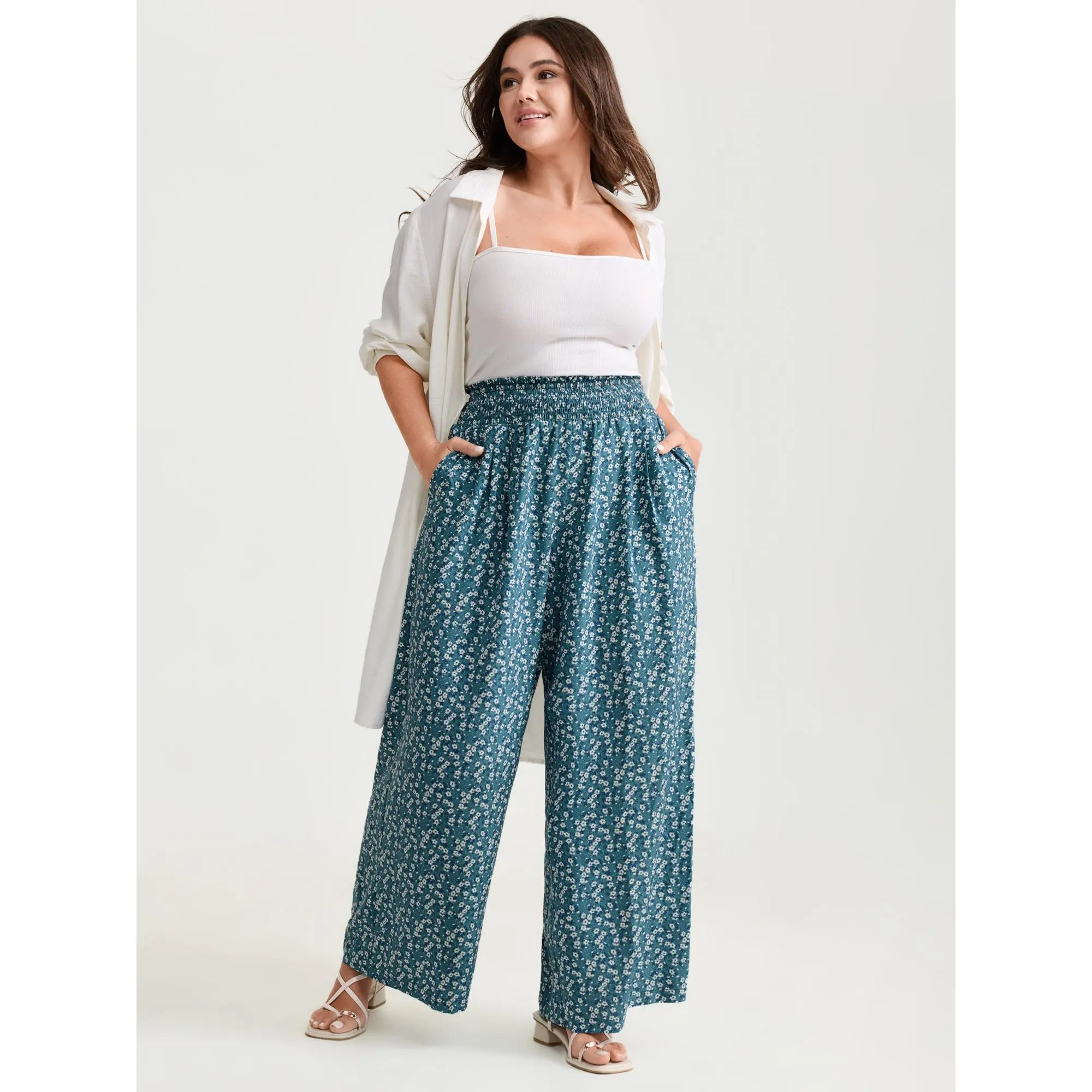 BloomChic Micro Floral Print Wide Shirred Waistband Pants 【M-6XL】 BloomChic Micro Floral Print Wide Shirred Waistband Pants 【M-6XL】
