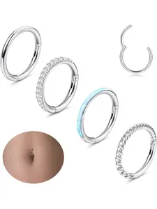 4PCS 14G Belly Button Ring 316L Surgical Steel Belly Rings Hoop for Women Clear CZ Opal Clicker Hoop Belly Button Rings Gold Silver Small Navel Belly Body Piercing Jewelry 8mm 10mm