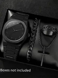 4-piece set of elegant watches and jewelry for men and women - black quartz watch with matching necklace, bracelet, and ring - minimalist style analog timepiece, fashionable watch
