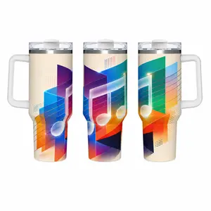 40oz Insulated Tumbler With Handle & Straw, Vibrant Rainbow Gradient Geometric Neon Musical Note Abstract Art Wrap Print Stainless Steel Travel Cup, Double Wall Hot Cold Insulated Leakproof Water Tumbler For Music Lovers Musicians Casual Daily Hydration