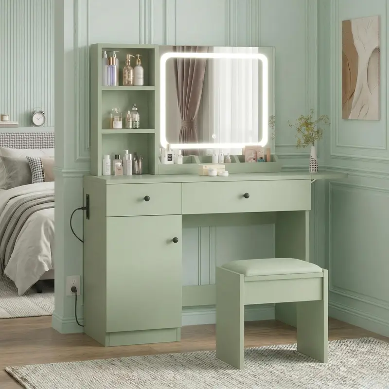 green dressing table Elegant Green Makeup Vanity Set with Cabinet, Mirror, and Stool main image 1