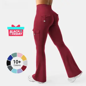 CoreFlex Women's Workout Flare Leggings with Pockets Hidden Scrunch High Waisted Cargo Gym Yoga No Front Seam Leggings Flared Joggers Fitness Outfit Camouflage Sports Pants 75% Nylon 25% Spandex