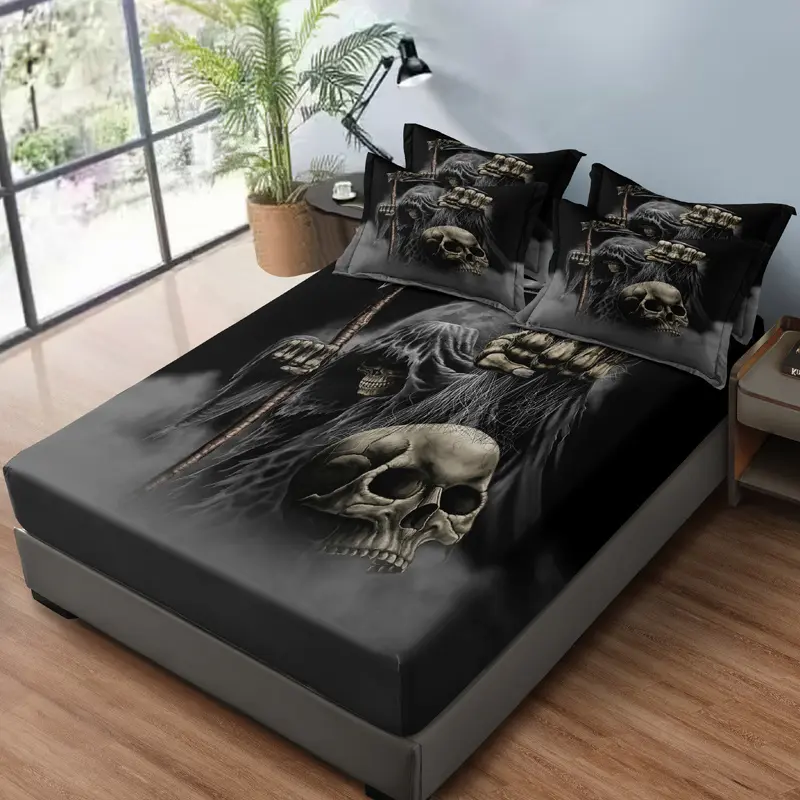 3-Piece Fist Skull Pattern Bed Sheet Set - Soft and Comfortable Bedroom, Guest Room, and Dormitory Decorative Bedding Set Including 1 Bed Sheet + 2 Pillowcases
