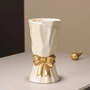Bow Vase, White Flower Vase for  Decor, White Ceramic Vases for Boho Style, 9.3 Inch Large Vases for Ideal Shelf Decor/Table/Living Room. (Glazed Exterior and Interior)