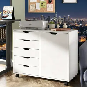 5 Drawer Wooden Dresser Storage Cabinet with Door, Mobile Printer Stand Organizer Cabinet, White Multi-functional Home Office Bedroom Furniture, Space Saving Room Decor, Household Daily Storage Furniture for Home Dormitory Use