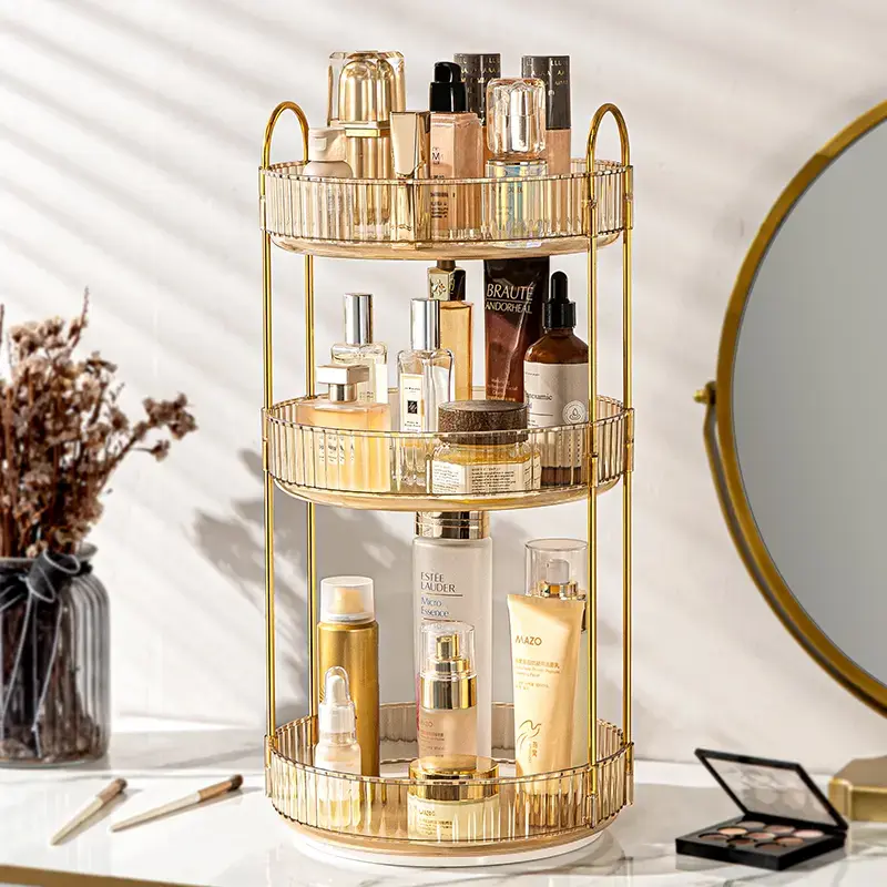 3-Tier Acrylic Corner Vanity Organizer - 360-Rotating Gold Metal Pole Shelf for Beauty Product Storage, Vanity Countertop Cosmetic Perfume Skincare Accessory, Ideal Gift for Her