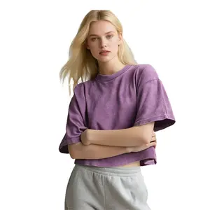 Women's Short Sleeves T-shirt Distressed Washed Cotton Crop Top Summer Casual Loose Fit Streetwear Womenswear Tshirt Basic Crewneck Minimalist