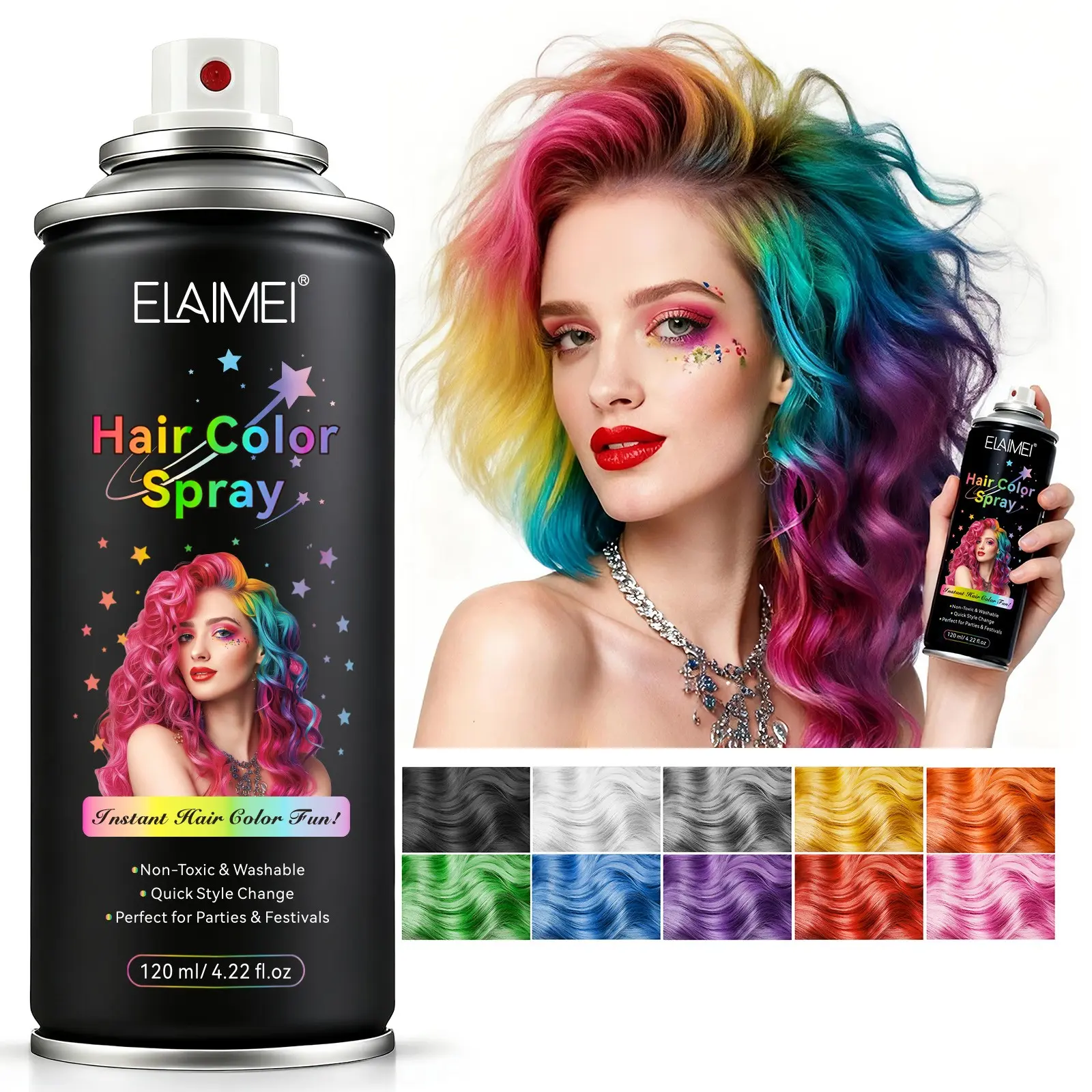 ELAIMEI Color Hair Spray 120ml Available in multiple shades to suit everyday understated looks, edgy street styles, and festive vibes. Complements various hair colors and makeup looks. Fine, even spray delivers natural ombre effects with light application