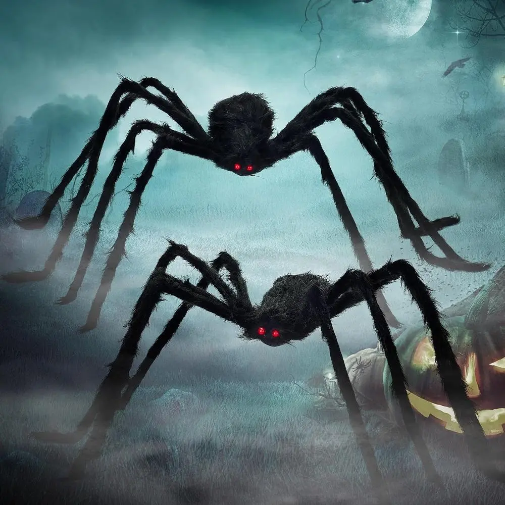 2-Pack Halloween Spiders, 49-Inch and 59-Inch Plush Fake Spiders, Indoor Outdoor Party Decor, Haunted House Decoration