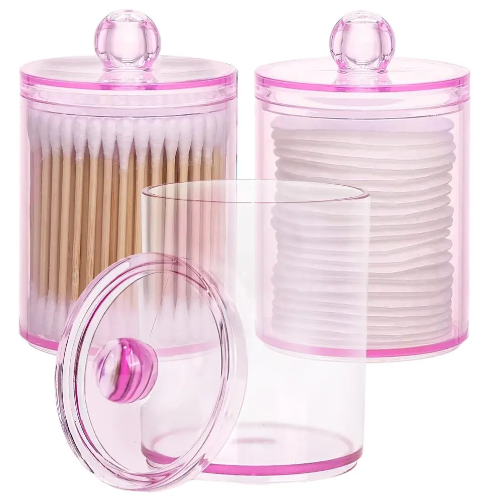 3 Pack Qtip Holder,Canister Apothecary Jar Set, Bathroom Jars with Lids for Cotton Swabs, Balls, Pads, Floss Picks,10oz Plastic Canisters Restroom Bedroom Vanity Organizer Multipurpose Storage Multifunctional Storage Bottles, Plastic Containers