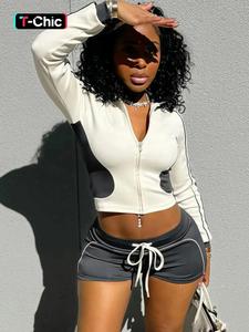 women's colorblock side stripe zip up crop jacket & drawstring waist shorts, casual fashion stand collar long sleeve top & shorts for daily outdoor wear, ladies spring & fall clothes, womenswear, workout sets women, casual outfits women, matching outfits