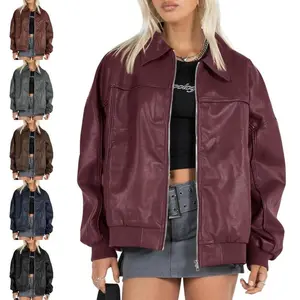 FMEYOA Womens Faux Leather Jackets Oversized Bomber Casual Fall Fashion Zip Up Moto Biker Coats