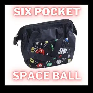 Black Square Space Ball Print Six Pocket Bingo Bag