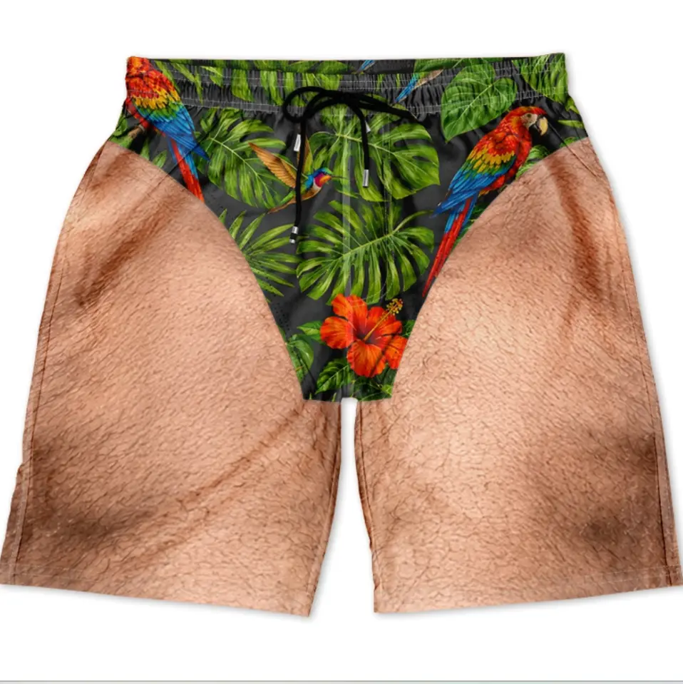 Tropical  Unisex Beach Shorts, Hawaii Shorts, Funny Hairy Man Swim Trunks