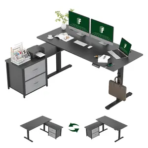 【TikTokShopBlackFriday】【Two Packages FLEXISPOT L-Shaped Height Adjustable Standing Desk with Reversible Drawers and Shelves, Corner Sit Stand Desk, Large  Computer Desk for Home Office