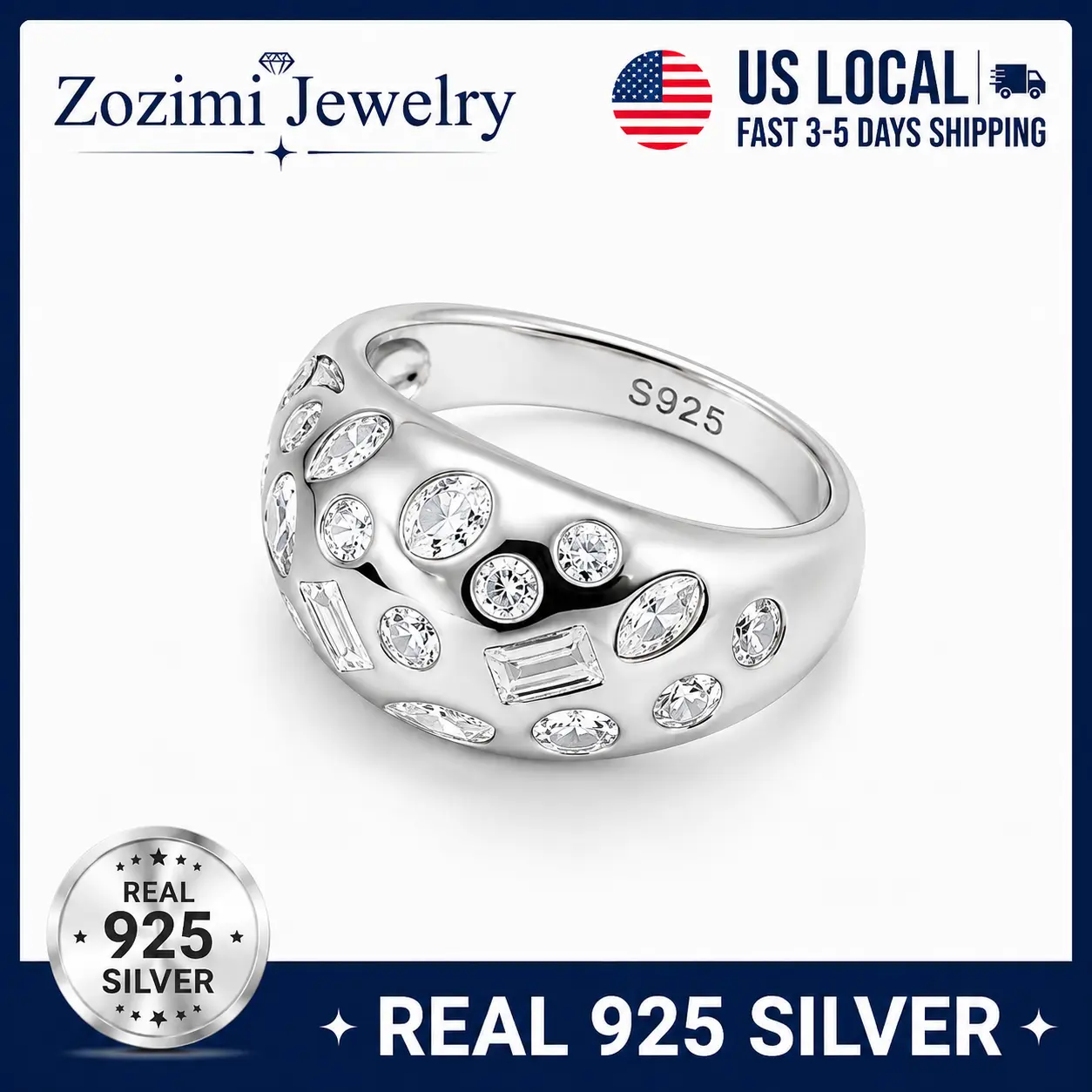 925 Sterling Silver Unisex Chunky Ring with grade 5A Cubic Zirconia Mixed Cut Statement Ring, Sparkling Diamond Look Fashion Band, High Polish Hypoallergenic Luxury Jewelry Gift for Men & Women