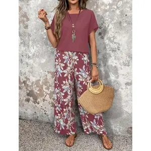 Women's Solid Color Round Neck Short Sleeve Top with Floral Print and Wide-Leg Pants Set Summer Two-Piece Outfit