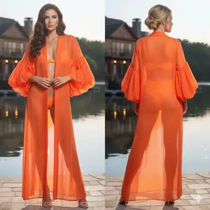 Orange Kimono Transparent Long Chiffon.