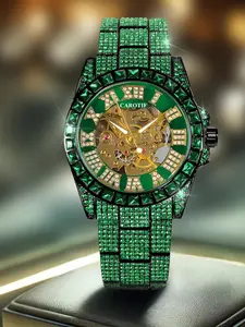 CAROTIF Luxury Men's Blue Diamond Automatic Mechanical Watch with Gold Roman Numerals Skeleton Dial Waterproof Wristwatch