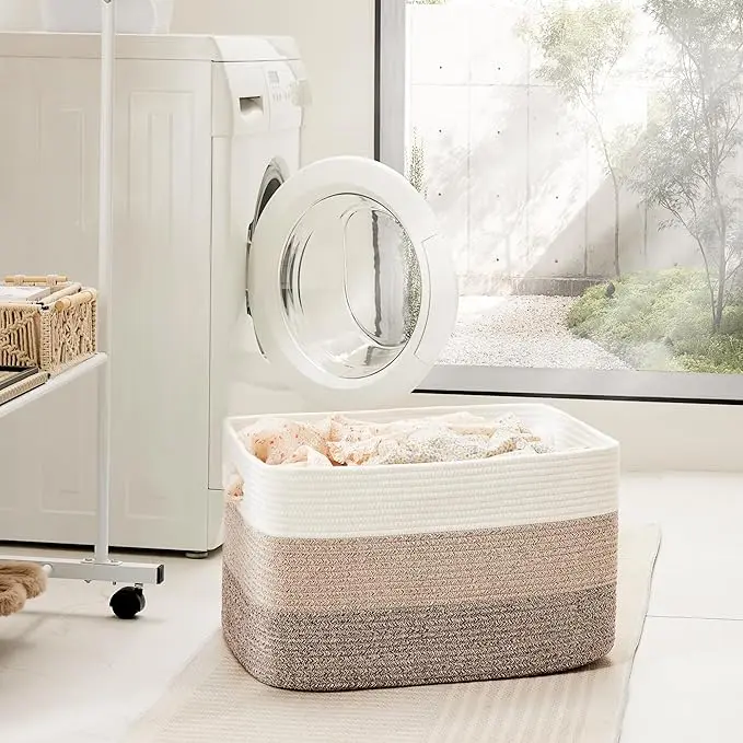 Large Blanket Basket, Rectangle Woven Baskets,Toy Storage With Handle, Large Baskets Laundry Cotton Foldable Rope Capacity Hamper Mother's Day gift