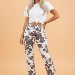 Western Cow Spot Cargo Pocket Straight Leg Jeans