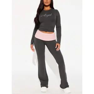 Women 2 Pieces Sets Bodycon Long Sleeves Slim Flared Trousers Casual Fall Winter Streetwear Angle Rhinestone Daily Valentine's Day Spring Clothes