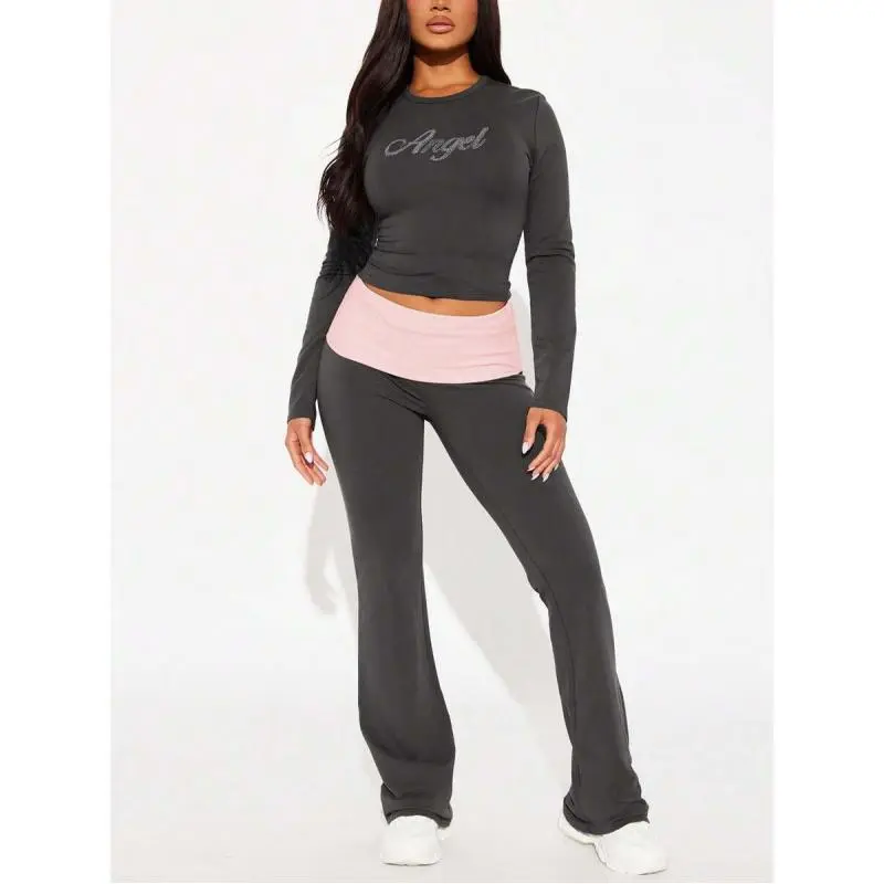 Women's 2-Piece Bodycon Set - Long-Sleeves Top, Slim Flared Pants, Rhinestone Accents, Casual Streetwear for Fall Winter Spring, Flattering Fit, Stylish Bottom, Quality Fabric, Longsleeves