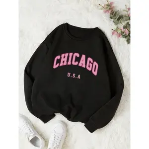 Women’s Chicago USA Printed Pullover Sweater, Casual Loose Fit Crewneck Jumper, Thick Knit for Autumn & Winter, New Arrival