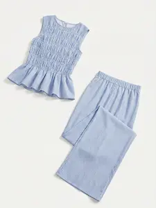 Spicy Coquette, Chill Casual Blue & White Striped Smocked Peplum Tank Top & Wide Leg Pants Two-Piece Set, Striped Sets