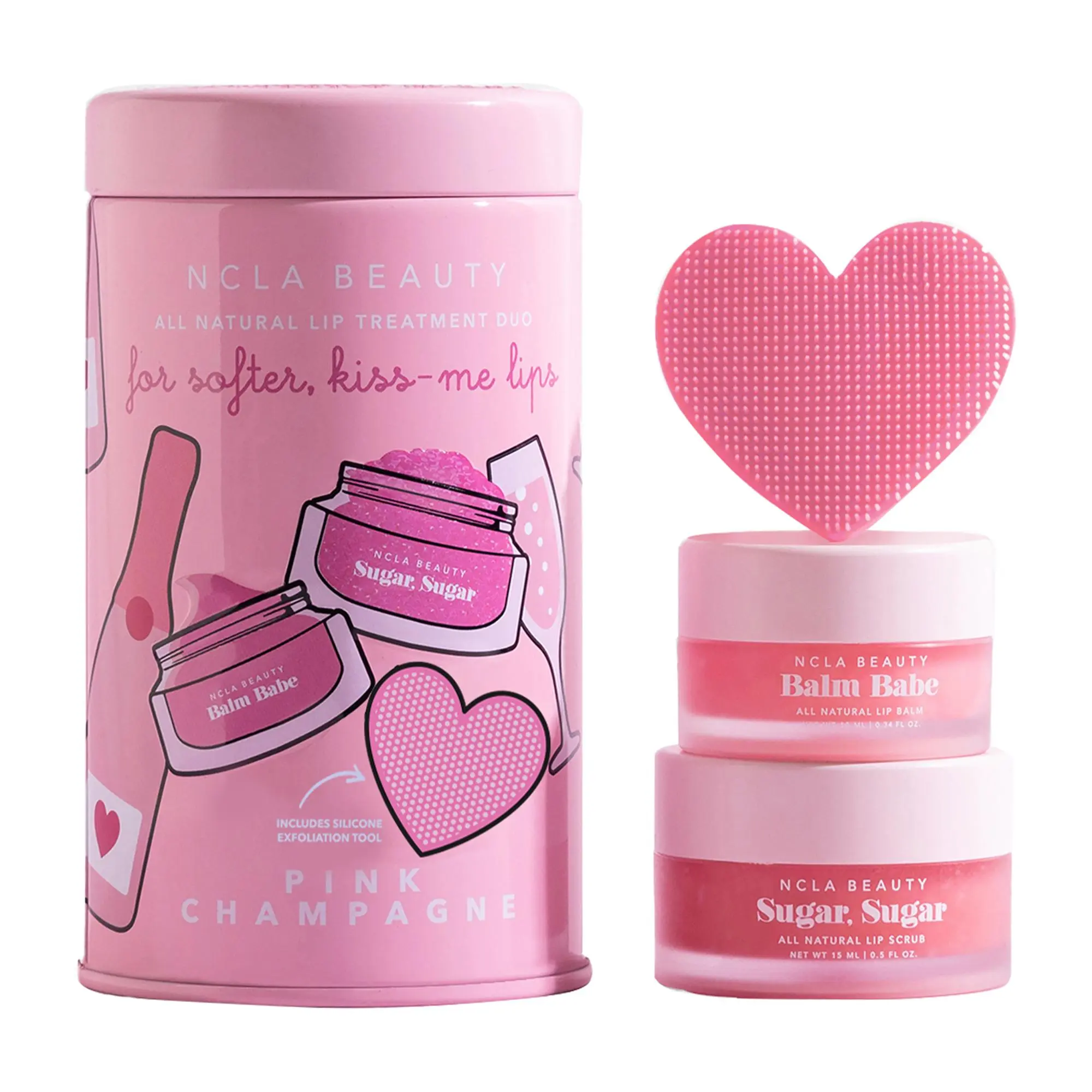 NCLA All Natural Lip Treatment Set - Hydrating Lip Balm - Vitamin C, E, and Agave Sugar Scrub with Silicone Scrubber - Pink Champagne - 3 pc