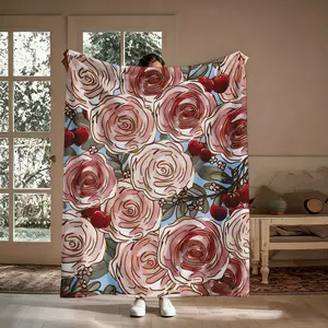 Vintage Rose Cherry Flannel Throw Blanket, Soft Warm Floral Fruit Print Blanket, Cozy Blanket for Sofa Bed, Cute Gift for Flower Lovers