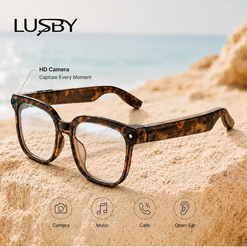 8MP Tortoiseshell Smart Camera Glasses with Photo & Video Recording, Voice Recording, Hands-Free Calls, Music Playback & Stylish Retro Frame