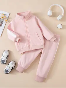 Girls' Knitted Fashion Two-Piece Set, Casual Outfit Set, Sporty Casual Jacket + Wide-Leg Pants, Zipper Pockets, Cute Style, Perfect for Outdoor Activities