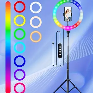 1pc 10" Ring Light With Stand 62'' Tall  , 28 Color Modes Selfie Ring Light With Tripod Stand, Stepless Dimmable/Speed LED Ring Light Camera Photography Stable Adjustable Cellphone Smartphone dual phone holder