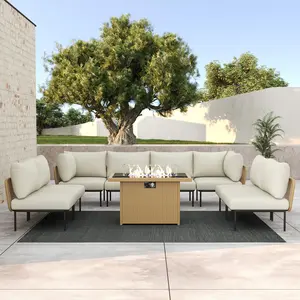 LayinSun 9 Pieces Aluminum Patio Furniture Set, Modern Modular Sectional Sofa with Upgrade Thickness Cushion and Fire Pit Table