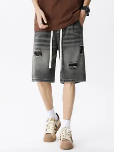 Men's Summer Vintage Washed Blue Distressed Denim Shorts, Loose Fit Drawstring Jeans, Casual High Street Style Five-Quarter Pants