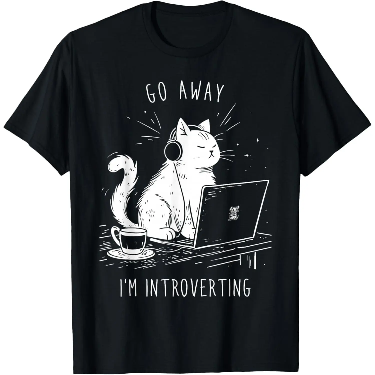Round Neck Graphic T-Shirt for Women and Men, Casual Distressed 100% Cotton Short Sleeve Top with a Funny Antisocial Introvert Emo Goth Cat Design