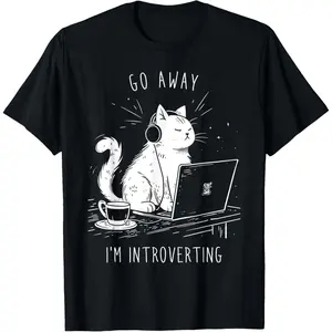 Round Neck Graphic T-Shirt for Women and Men, Casual Distressed 100% Cotton Short Sleeve Top with a Funny Antisocial Introvert Emo Goth Cat Design