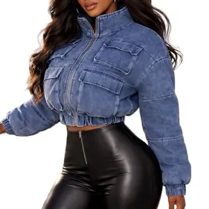 SOLOHERSELF Women’s Winter Puffer Denim Jacket – Multi-Pocket, Thicken Crop Bubble Coat for Casual Autumn Style  Comfort  Outerwear  Long Sleeve  Fitted  Womenswear  Tops