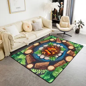 Campfire Area Rug Happy Camping Living Room Rugs Green Tree Stump Non Slip Decorative Carpet Woodland Leaves Stones Cartoon Funny Indoor Floor Mat for Kids