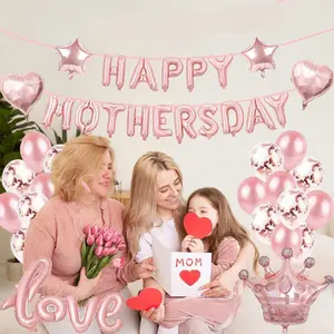 Mother's Day Decorations Set, 42-Piece Rose Gold Banner & Star Heart Balloon Props, Perfect Gift for Mother's Day Celebrations