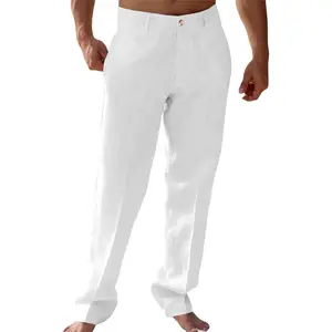 Mens Casual Pants Linen Elastic Waist Lightweight Straight Leg Pants Cotton Loose Fit Summer Beach Yoga Trousers