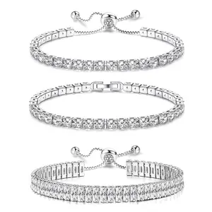 3 Pcs Tennis Bracelets for Women 14K Gold Plated 4mm 5A+ Cubic Zirconia CZ Diamond Classic Adjustable Slider Bracelet Fashion Jewelry Wedding Gift Size 6.5-7.5 Inch