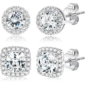 2 Pairs S925 Silver Needle Halo Stud Earrings for Women Men 18K Gold Plated Cubic Zirconia Stud Earrings Round Square Diamonique Stud Earrings Set Luxurious Trend Jewelry Gifts